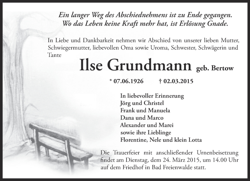  Traueranzeige für Ilse Grundmann vom 14.03.2015 aus Märkische Oderzeitung