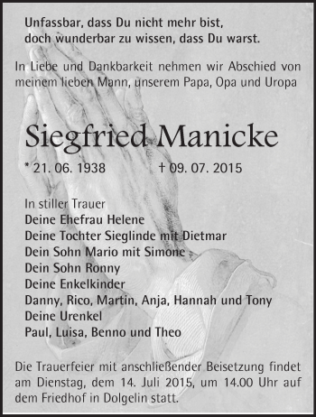 Traueranzeige von Siegfried Manicke von Märkische Oderzeitung