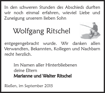 Traueranzeige von Wolfgang Ritschel von Märkische Oderzeitung