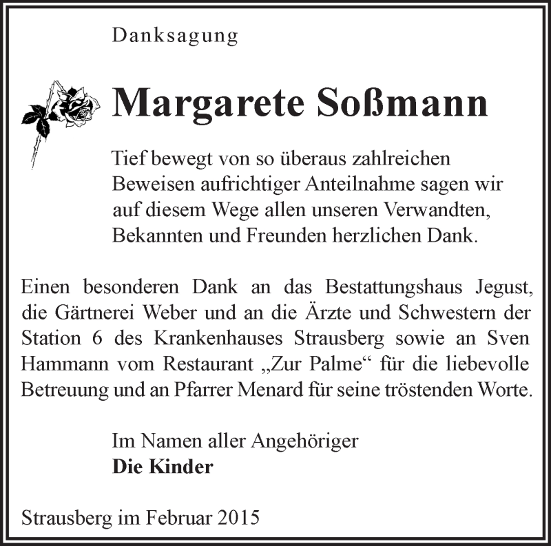  Traueranzeige für Margarete Soßmann vom 28.02.2015 aus Märkische Oderzeitung