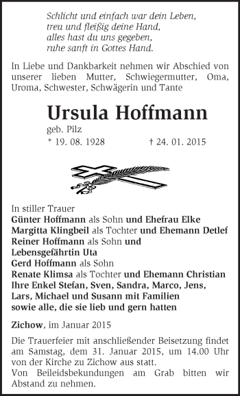 Traueranzeige von Ursula Hoffmann von Märkische Oderzeitung