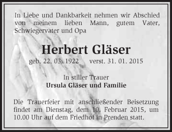 Traueranzeige von Herbert Gläser von Märkische Oderzeitung