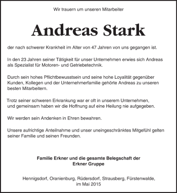 Traueranzeige von Andreas Stark von Märkische Oderzeitung