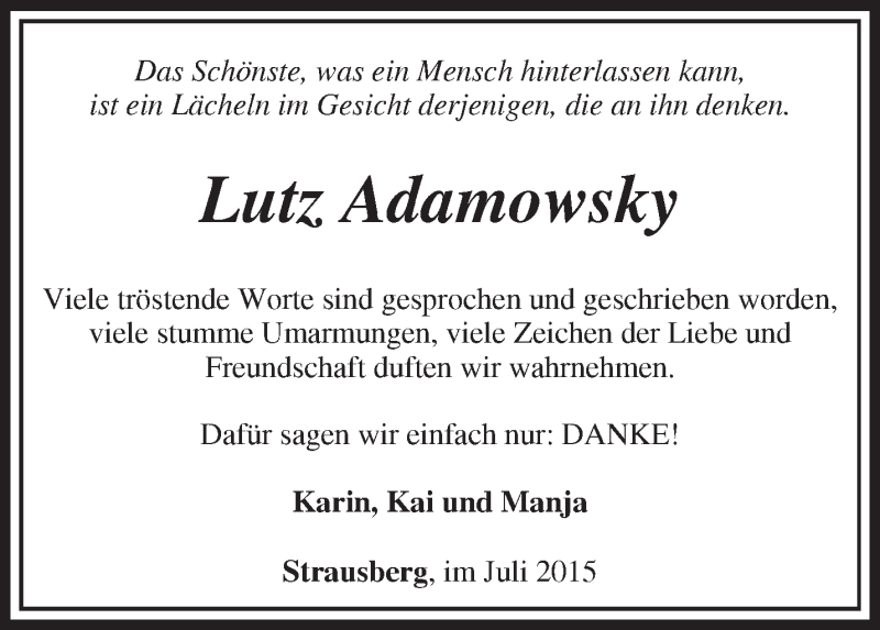  Traueranzeige für Lutz Adamowsky vom 18.07.2015 aus Märkische Oderzeitung