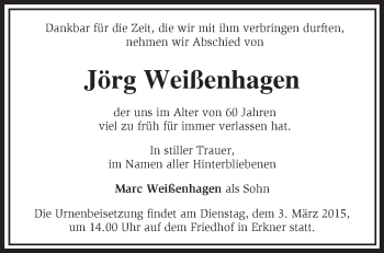 Traueranzeige von Jörg Weißenhagen von Märkische Oderzeitung
