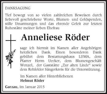 Traueranzeige von Anneliese Röder von Märkische Oderzeitung