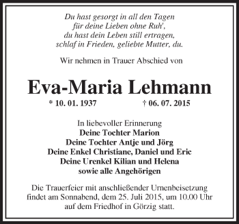 Traueranzeige von Eva-Maria Lehmann von Märkische Oderzeitung