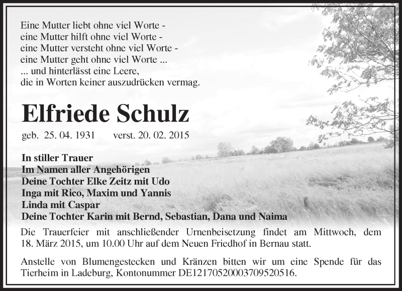  Traueranzeige für Elfriede Schulz vom 28.02.2015 aus Märkische Oderzeitung