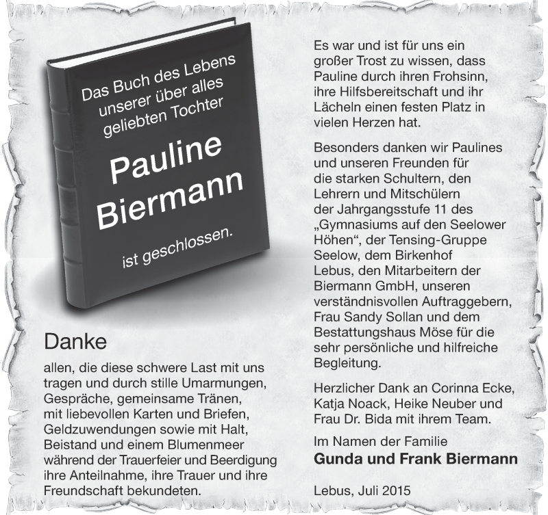 Traueranzeige für Pauline Biermann vom 01.08.2015 aus Märkische Oderzeitung