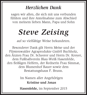 Traueranzeige von Steve Zeising von Märkische Oderzeitung