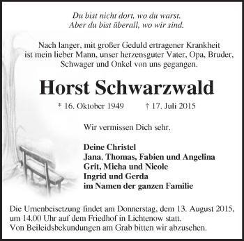 Traueranzeige von Horst Schwarzwald von Märkische Oderzeitung