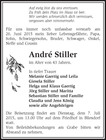 Traueranzeige von André Stiller von Märkische Oderzeitung