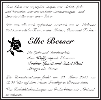 Traueranzeige von Elke Besser von Märkische Oderzeitung