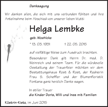 Traueranzeige von Helga Lembke von Märkische Oderzeitung