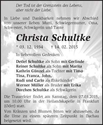 Traueranzeige von Christa Schultke von Märkische Oderzeitung