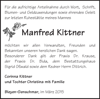 Traueranzeige von Manfred Kittner von Märkische Oderzeitung