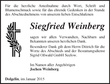 Traueranzeige von Siegfried Weinberg von Märkische Oderzeitung