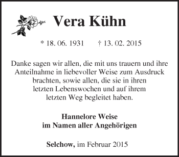 Traueranzeige von Vera Kühn von Märkische Oderzeitung