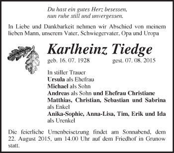 Traueranzeige von Karlheinz Tiedge von Märkische Oderzeitung