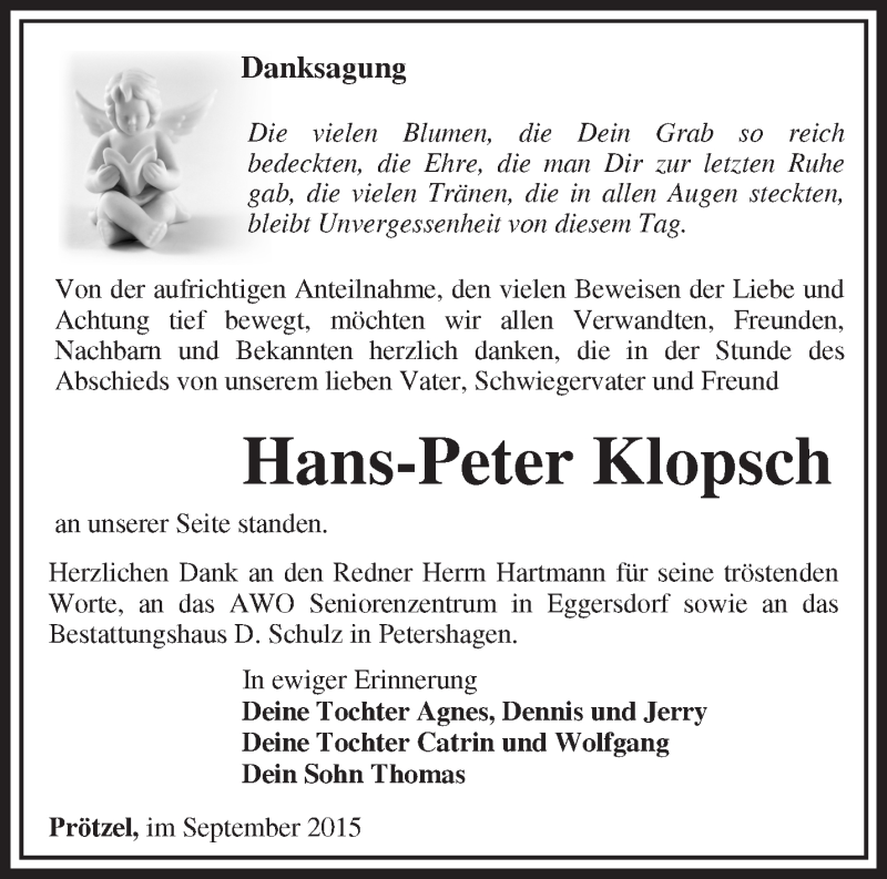 Traueranzeige für Hans-Peter Klopsch vom 05.09.2015 aus Märkische Oderzeitung
