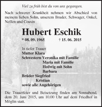 Traueranzeige von Hubert Eschik von Märkische Oderzeitung