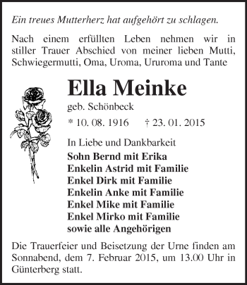 Traueranzeige von Ella Meinke von Märkische Oderzeitung