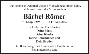 Traueranzeige von Bärbel Römer von Märkische Oderzeitung