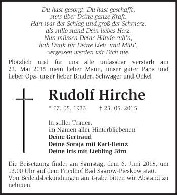 Traueranzeige von Rudolf Hirche von Märkische Oderzeitung