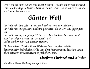 Traueranzeige von Günter Wolf von Märkische Oderzeitung