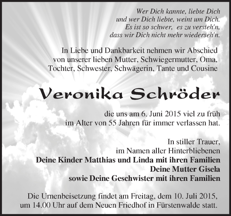  Traueranzeige für Veronika Schröder vom 04.07.2015 aus Märkische Oderzeitung