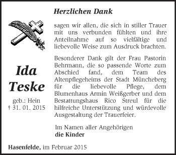 Traueranzeige von Ida Teske von Märkische Oderzeitung