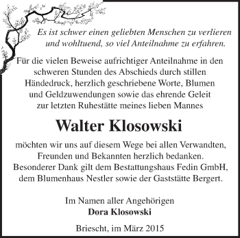 Traueranzeige von Walter Klosowski von Märkische Oderzeitung