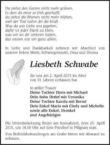 Traueranzeige von Liesbeth Schwabe von Märkische Oderzeitung