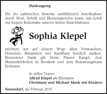 Traueranzeige von Sophia Klepel von Märkische Oderzeitung