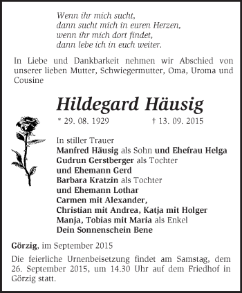 Traueranzeige von Hildegard Häusig von Märkische Oderzeitung