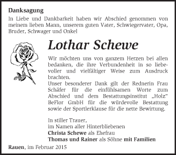 Traueranzeige von Lothar Schewe von Märkische Oderzeitung