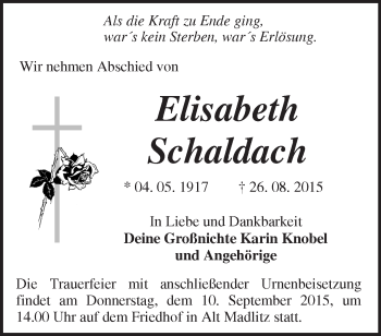 Traueranzeige von Elisabeth Schaldach von Märkische Oderzeitung