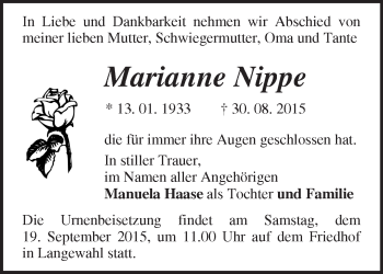 Traueranzeige von Marianne Nippe von Märkische Oderzeitung