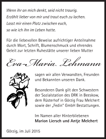 Traueranzeige von Eva-Maria Lehmann von Märkische Oderzeitung