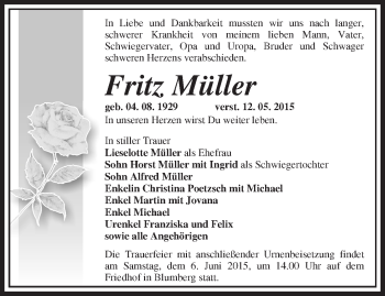 Traueranzeige von Fritz Müller von Märkische Oderzeitung