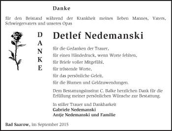 Traueranzeige von Detlef Nedemanski von Märkische Oderzeitung