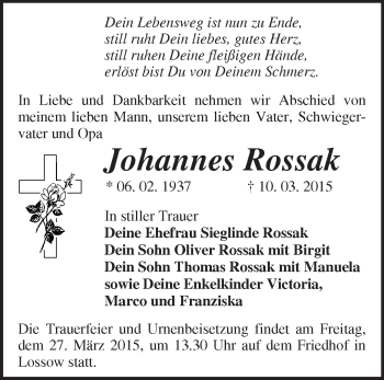 Traueranzeige von Johannes Rossak von Märkische Oderzeitung