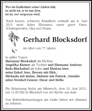 Traueranzeige von Gerhard Blocksdorf von Märkische Oderzeitung