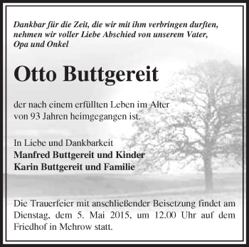 Traueranzeige von Otto Buttgereit von Märkische Oderzeitung