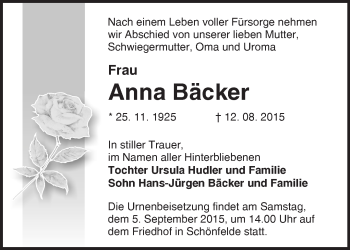 Traueranzeige von Anna Bäcker von Märkische Oderzeitung