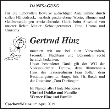 Traueranzeige von Gertrud Hinz von Märkische Oderzeitung