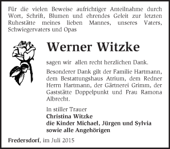 Traueranzeige von Werner Witzke von Märkische Oderzeitung