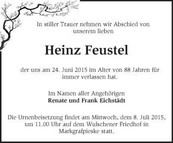 Traueranzeige von Heinz Feustel von Märkische Oderzeitung