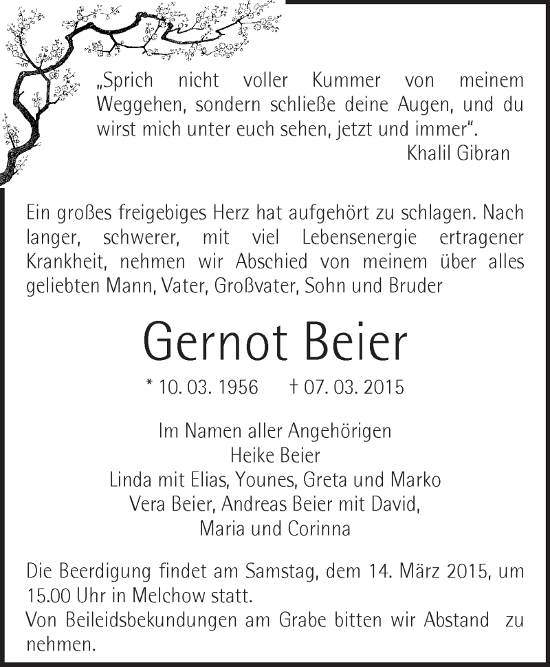  Traueranzeige für Gernot Beier vom 11.03.2015 aus Märkische Oderzeitung