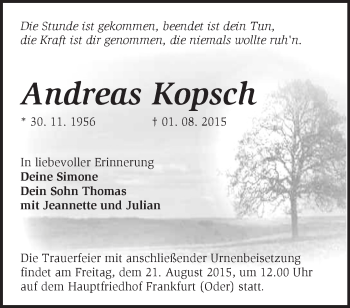 Traueranzeige von Andreas Kopsch von Märkische Oderzeitung